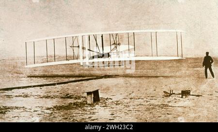 Der erste Flug der Wright Brothers Flyer, Kitty Hawk, USA 1903 Stockfoto