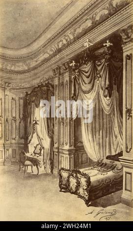 Bett Louis XV., Bett im Stil des XVII. Jahrhunderts mit Kuppel, halbe Nische, Zeichnung des französischen Künstlers Alfred Guinard, Frankreich 1881 Stockfoto