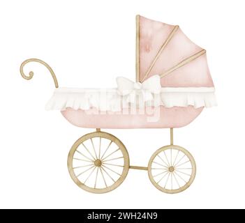 Wasserfarben-Kinderwagen im Vintage-Stil. Kinderwagen im Retro-Stil in niedlichen Pastellfarben in Rosa und Beige. Kinderwagen auf isoliertem Hintergrund. Handgezeichnete Illustration des Perambulators für Neugeborene-Party. Stockfoto