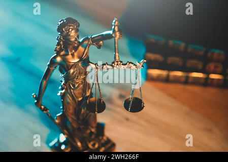 Lady Justice im Anwaltszimmer. Recht und Rechtsbegriff Stockfoto