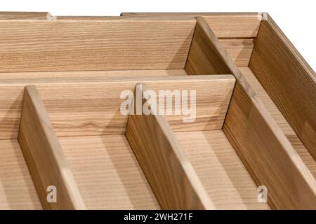 Holz Küchenschublade Organizer, Utensilienhalter für Küchenwerkzeuge oder Badezimmer, Möbeldetails. Stockfoto