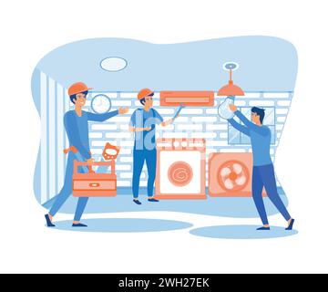 Glückliche Soldaten, die zu Hause Maschinen reparieren. Elektriker, Mechaniker oder Servicebetrieb bei der Arbeit. Moderne Illustration des flachen Vektors Stock Vektor
