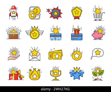 Profitieren Sie von speziellen Bonus- und Prämiensymbolen, Bonusgeschenken, Vektorlinien-Symbolen. Symbole für Bonusprämien und Incentive-Vorteile wie Star, Münze, Kreditkarte und Sparkasse oder Goldbeutel und Prämiengutschein Stock Vektor