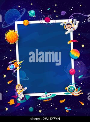 Geburtstagsfotorahmen mit Weltraumplaneten, Raketen und Sternen, Ufos und Astronauten. Der rechteckige Vektor-Rand zeigt skurrile Himmelsobjekte und schafft eine kosmische Kulisse für liebenswerte Erinnerungen Stock Vektor