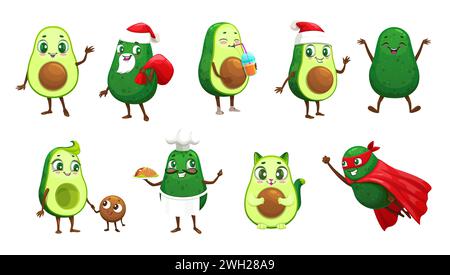 Comic mexikanische Avocadofiguren, Vektor-Obst-Essen. Lustige Avocadokatze, Koch, Weihnachtsmann und Superheldenfiguren mit Weihnachtsgeschenktasche, Taco, rotem Hut und Haube, superheldencape, Maske und Babysamen Stock Vektor