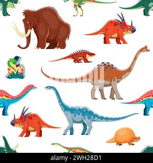 Cartoon-Dinosaurier, prähistorische Tierfiguren, nahtloses Muster. Textilvektordruck, nahtloser Hintergrund mit Mammut, Styracosaurus, Pelorosaurus und Euhelopus, Shansisuchus, Amargasaurus-Dinosauriern Stock Vektor