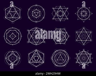 Heilige geometrische Formen. Mysterium, Magie und esoterische Symbole, die aus Vektordreiecken, Kreisen, Quadraten und Sechsecken gebildet werden. Umrissmuster Set aus heiliger Geometrie, Alchemie Pentagramm, Mandala Stock Vektor