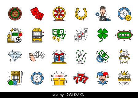 Casino Line Icons, Vektor Roulette, Würfel, Glücksrad und Hufeisen. Croupier, Chip, Spielautomat und Geldscheine oder Münzen, Spielkarten, Klee, Brilliant und Autopreis. Bingo, Joker und Jackpot gewinnen Stock Vektor