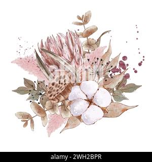 Boho-Bouquet in Aquarellfarben mit Protea, Baumwollholzblüten und getrockneten Zweigen und Kräutern. Böhmisches Arrangement für Hochzeitseinladung und Jubiläum. Han Stockfoto