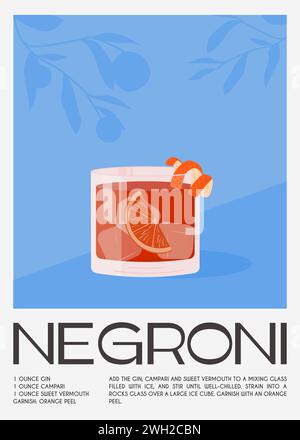 Negroni-Cocktail im altmodischen Glas mit Eis. Italienisches Sommeraperitif-Retro-Poster. Elegantes Drucken, Wandgemälde mit alkoholischen Getränken, dekoriert mit Stock Vektor