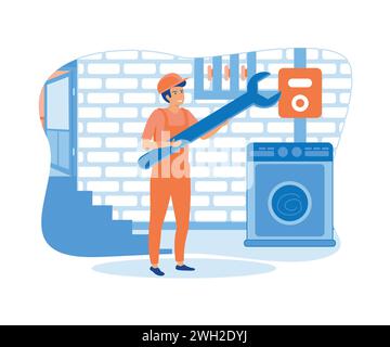 Austausch und Installation von Fenstern und Türen, Glasbruch, Fliegengitter, Einstellung einer abstrakten Metapher des Auftragnehmers. Moderne Illustration des flachen Vektors Stock Vektor