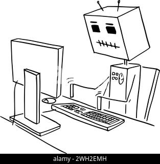 Roboter, der im Büro auf Computer arbeitet, Vektor-Cartoon-Stick-Abbildung Stock Vektor