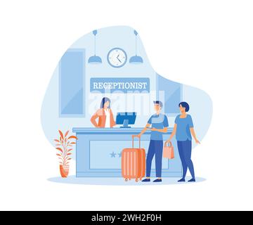 Ein paar Touristen oder Reisende stehen an der Rezeption und sprechen mit dem Rezeptionisten. Moderne Illustration des flachen Vektors Stock Vektor