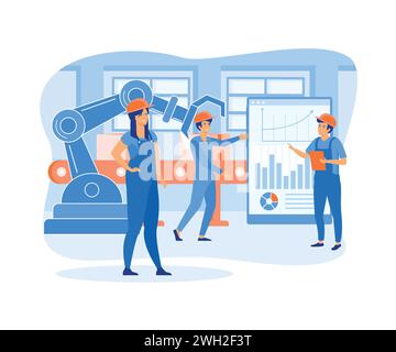 Produktionslinie mit Arbeitern, Automatisierung und Benutzeroberflächenkonzept. Benutzer, der sich mit einem Tablet verbindet und Daten mit einem physischen System freigibt. Flache vecto Stock Vektor