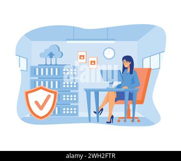 Mitarbeiter, die am Computer arbeiten und technische Arbeiten mit dem Serverkonzept für die Unterstützung der Serverwartung durchführen. Moderne Illustration des flachen Vektors Stock Vektor