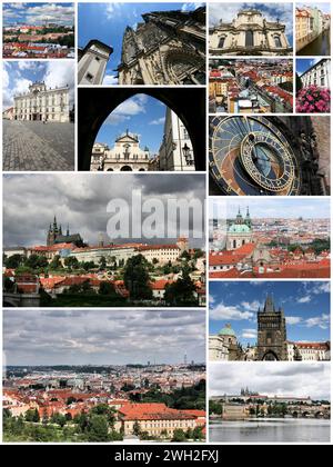 Prauge, Tschechische Republik Reise Fotocollage. Die Sammlung umfasst wichtige Wahrzeichen wie Schloss Hradcany, Karlsbrücke und Astronomische Uhr. Stockfoto