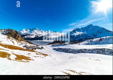 Blick auf das Dorf Grevasalvas und den Silsersee im Engadin, Schweiz, im Winter. Stockfoto