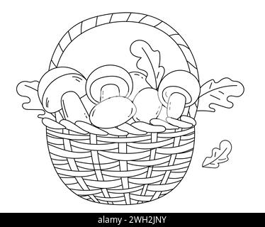 Die Malseite für Kinder enthält einen Korb mit Pilzen und Herbstblättern, Ein kreatives Malbuch Stock Vektor