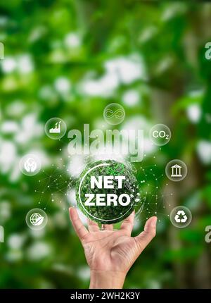 Hand des Menschen hält die Erde mit Net Zero Symbol, CO2-neutral und Net Zero Konzept für das Ziel der Netto-Treibhausgasemissionen, klimaneutral lang Stockfoto