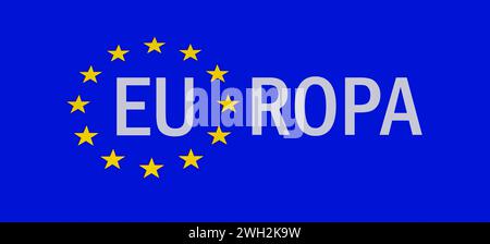 EU-Symbol und Europa EU-Symbol und Europa, 07.02.2024, Borkwalde, Brandenburg, der Schriftzug Europa steht mit in einem EU-Symbol. *** EU-Symbol und Europa EU-Symbol und Europa, 07 02 2024, Borkwalde, Brandenburg, die Schrift Europa ist in einem EU-Symbol enthalten Stockfoto