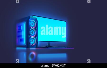 Moderner, leistungsstarker Spielschreibcomputer im Dunkeln. Leuchtendes Gehäuse eines Gaming-PCs mit leerem Monitor, Tastatur auf dem Schreibtisch. Neonlicht eines Gaming-PCs. Desktop-Compu Stock Vektor