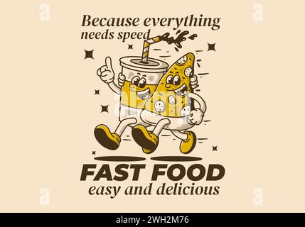 Fast Food, einfach und lecker. Maskottchenfigur von laufender Pizza und alkoholfreiem Getränk Stock Vektor