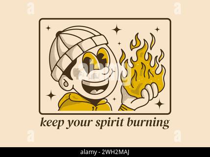 Lassen Sie Ihren Geist brennen. Retro-Illustration eines Beanie-Typen, der ein Feuer hält Stock Vektor