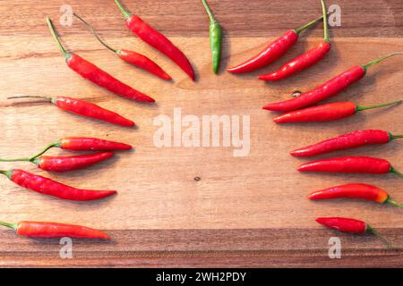 Gruppe roter Chili-Paprika und einer grünen Chili-Paprika in einem Halbkreis auf einem hölzernen Snackbrett angeordnet. Stockfoto