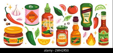 Vektorset mit heißen Chilli-Saucen Stock Vektor