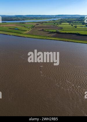 Newnham und der Fluss Severn mit Blick flussaufwärts in Richtung Westbury. Gloucestershire. Stockfoto