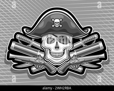 Vektor-Logo für Piratenschädel, horizontales Poster mit Illustration des lächelnden Schädels in Seehut und Piratenauge, dekoratives Etikett mit Kunstdesign pi Stock Vektor