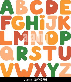 Kinderrunder Schriftart im Zeichentrickstil der Kindheit. Ein Satz von mehrfarbigen, hellen Buchstaben für Beschriftungen. Abbildung des Alphabetvektors. Stock Vektor