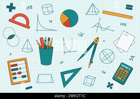 Eine große Reihe von mathematischen Objekten, geometrischen Figuren und mathematischen Ausdrücken, Schreibwaren. Messwerkzeug Stock Vektor