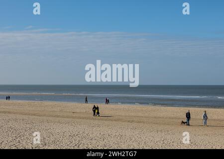 Egmond aan Zee, Niederlande - 16. März 2022: Breiter Sandstrand in der Sonne mit nur einigen Leuten, die spazieren gehen Stockfoto