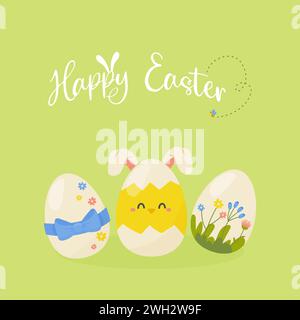 Frohe Ostern, Postkarte, Banner für soziale Netzwerke mit Ostereiern auf hellgrünem Hintergrund Vektor Stock Vektor