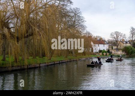 Touristen, die gerne beim Bohren an weinenden Weiden auf dem Fluss Cam in Cambridge, Großbritannien, vorbeifahren Stockfoto