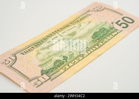 Porträt des US-Präsidenten Ulysses Simpson Grant auf 50-Dollar-Banknote. US-Bill 50 Dollar nahe Grant. Makroaufnahme von 50 Dollar Stockfoto