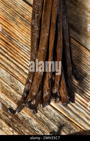 Bio-Roh Madagaskar-Vanillebohnen in einem Haufen Stockfoto