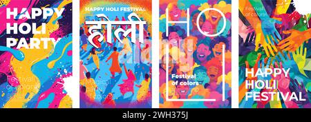 Happy Holi Festival of Colors Poster. Traditioneller Weihnachtsdruck in Indien. Die Leute haben Spaß mit farbenfrohen Puderspritzern. Indische nationale Farbe festliche trendige EPS Vektor-Plakette. Hinduistische Textübersetzung Holi Stock Vektor