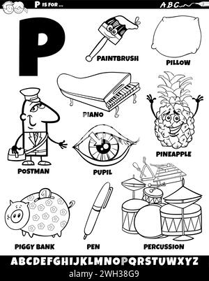 Zeichentrickdarstellung von Objekten und Zeichen, die für die Ausmalseite mit Buchstabe P festgelegt wurden Stock Vektor