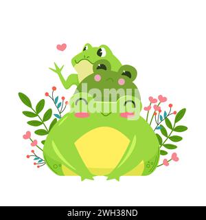 Drei lustige, süße grüne Frösche, umgeben von Frühlingsblumen. Kawaii-Charaktere im Cartoon-Stil. Abbildung isoliert Stock Vektor