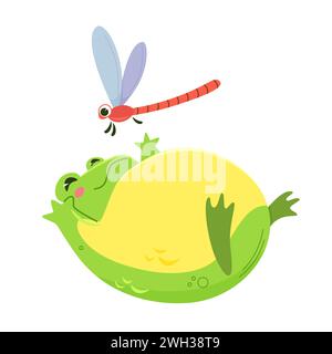 Glücklicher grüner Frosch, der mit süßer Libelle spielt. Kawaii-Figur im Cartoon-Stil. Abbildung isoliert Stock Vektor