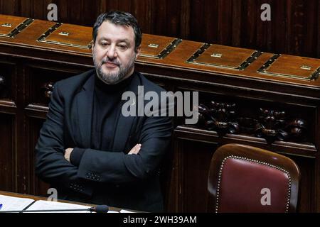 Roma, Italien. Februar 2024. Foto Roberto Monaldo/LaPresse07-02-2024 Roma Politica Camera dei deputati - Fragestunde Nella foto Matteo Salvini 07-02-2024 Rom (Italien) Politik Abgeordnetenkammer - Fragestunde im Bild Matteo Salvini Credit: LaPresse/Alamy Live News Stockfoto