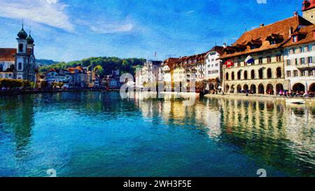 Blick auf den Fluss Reuss, die Rathaussteg Brücke & Luzerner Altstadt, Luzerner, Schweiz. Stockfoto