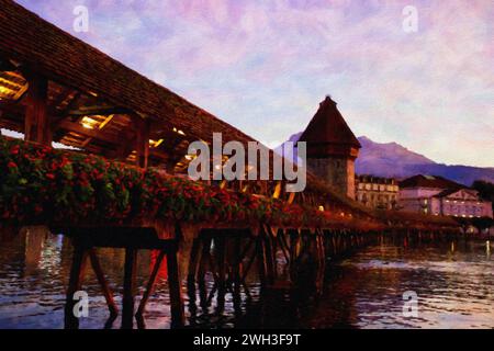 Untergehende Sonne auf Kapellbrücke und Wasserturm, Reuss, Luzern, Schweiz. Stockfoto