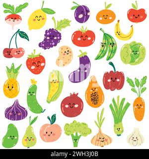 Set aus handgezeichnetem süßem Obst und Gemüse im Kawaii-Stil. Gesundes frisches Essen voller Vitamine, lustige Kinderfiguren. Stock Vektor