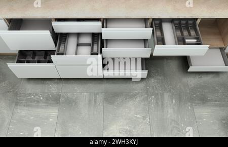 Сoncept der Präsentation von Küchenfüllung und Zubehör, offene Schubladen von Küchenmöbeln Draufsicht 3D-Renderbild Stockfoto