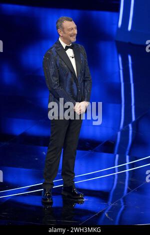 Sanremo, Italien. Februar 2024. Amadeus während der 74. Ausgabe des SANREMO Italian Song Festivals im Ariston Theatre in Sanremo, Norditalien - Dienstag, 7. FEBRUAR 2024. Unterhaltung. (Foto: Marco Alpozzi/LaPresse) Credit: LaPresse/Alamy Live News Stockfoto