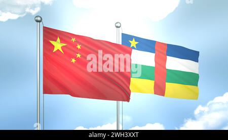 3D-Flagge von China und Zentralafrikanische Republik auf blauem Himmel mit Sonnenschein Stockfoto