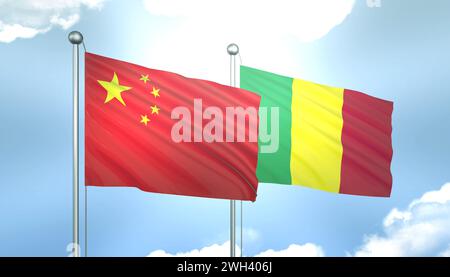 3D-Flagge von China und Mali am blauen Himmel mit Sonnenschein Stockfoto